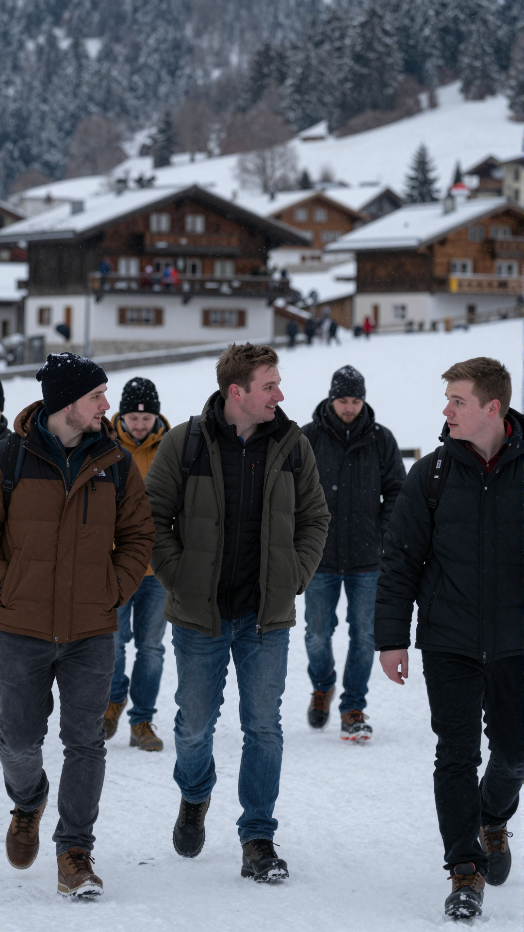 A group of men walking through a snowy alpine village.