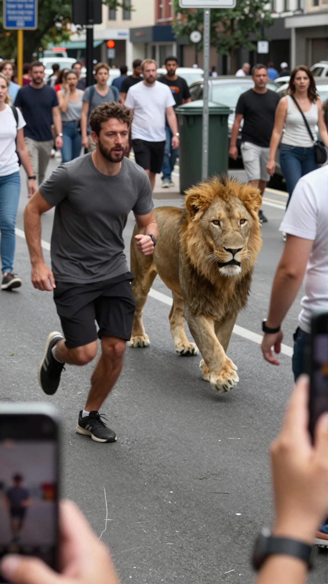 A man running through a city street beside a lion while pedestrians react.