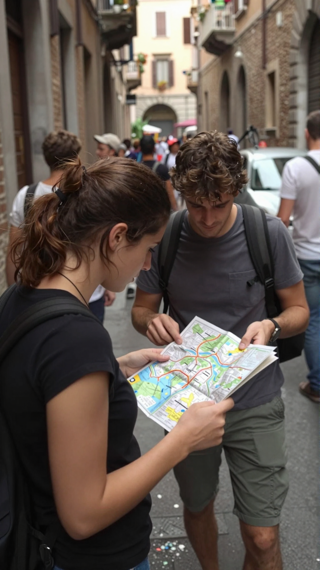 Two travelers studying a paper map in a narrow old city street.
