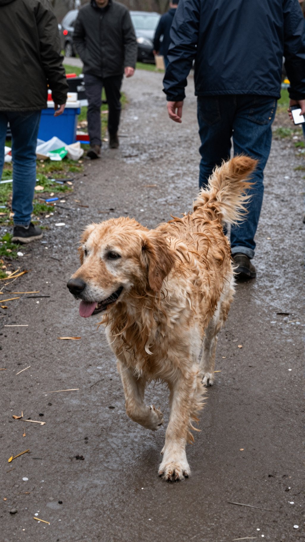 Wet golden retriever walking toward the camera on a muddy path.