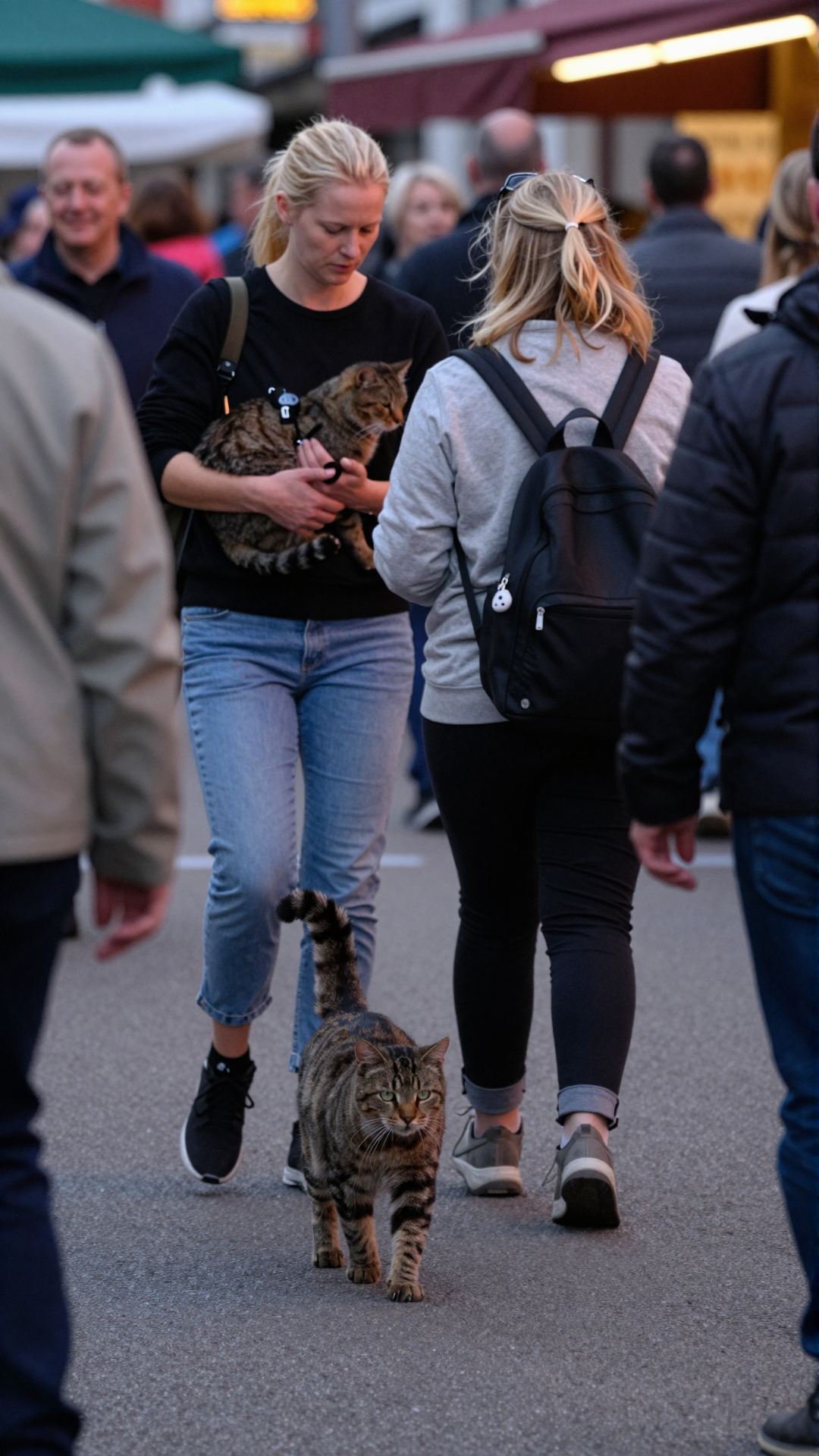 A woman carrying a cat while another cat walks through a busy evening market.
