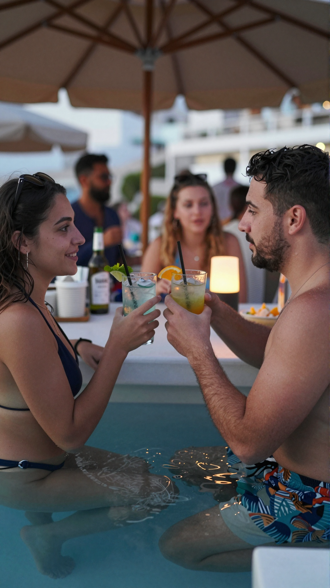 A couple clinking cocktails while sitting in a pool at sunset.